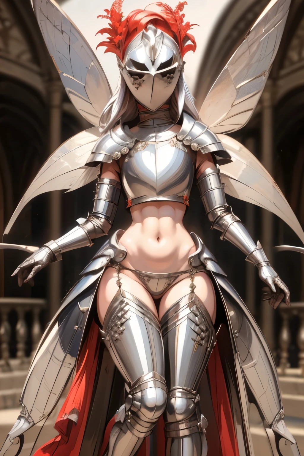 masterpiece, best quality, butterfly wings, (full body, full armor), kardiaofrhodes, helmet, plume, gauntlets, thighhighs, navel, breastplate, thighhighs, wide hips, (queen of fairy, with ornaments and flowers on top, high heel)