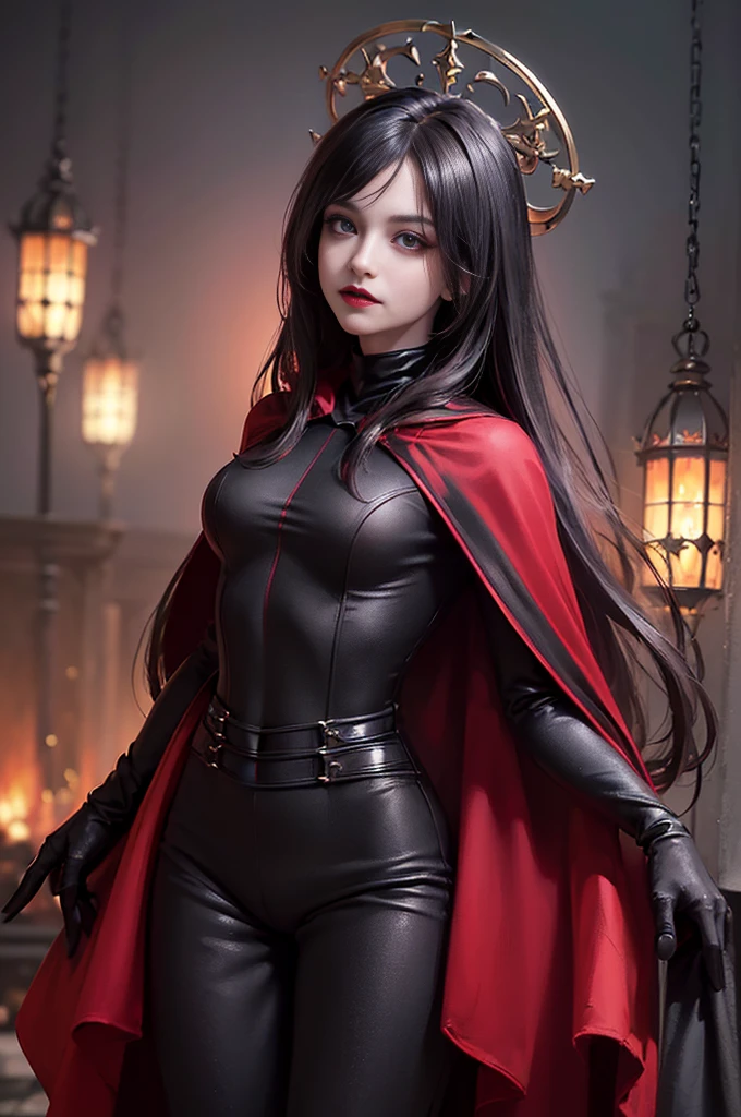(skindentation:1.5), Realistic, Photorealistic, (masterpiece:1.5), concept art, intricate details, highly detailed, photorealistic, octane render, 8k, unreal engine, dynamic pose, best quality, highres, (realistic face:1.1), (hyperrealistic:1.1), (((upper body only))), perfect eyes,(shiny skin:1.2), (((hairstyle))), (((perfect handtremely detailed background), ((dynamic background)), ((1girl)), (((wearing black jumpsuit, dark red long wizard cape))), ((detailed eyes, high quality eyes, high quality face)), (extremely intricate cape), red long hair, dramatic, depth of field, bokeh, 4k, (((underworld))), (((black magic witch))), (((fierce eyes))), ((dark eye liners and eye shadow))
