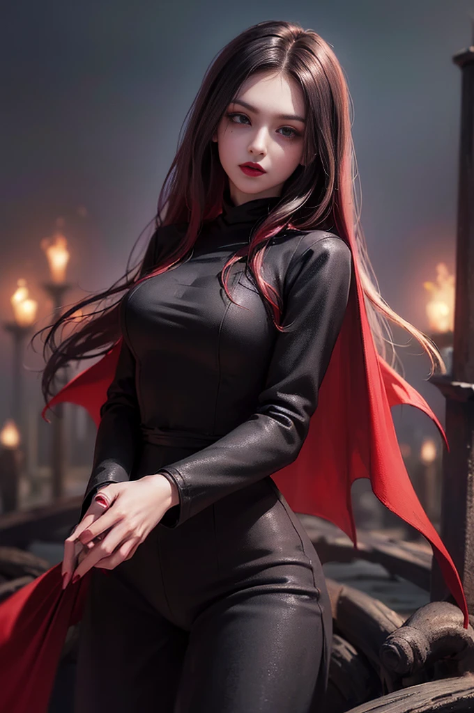 (skindentation:1.5), Realistic, Photorealistic, (masterpiece:1.5), concept art, intricate details, highly detailed, photorealistic, octane render, 8k, unreal engine, dynamic pose, best quality, highres, (realistic face:1.1), (hyperrealistic:1.1), (((upper body only))), perfect eyes,(shiny skin:1.2), (((hairstyle))), (((perfect handtremely detailed background), ((dynamic background)), ((1girl)), (((wearing black jumpsuit, dark red long wizard cape))), ((detailed eyes, high quality eyes, high quality face)), (extremely intricate cape), red long hair, dramatic, depth of field, bokeh, 4k, (((underworld))), (((black magic witch))), (((fierce eyes))), ((dark eye liners and eye shadow))