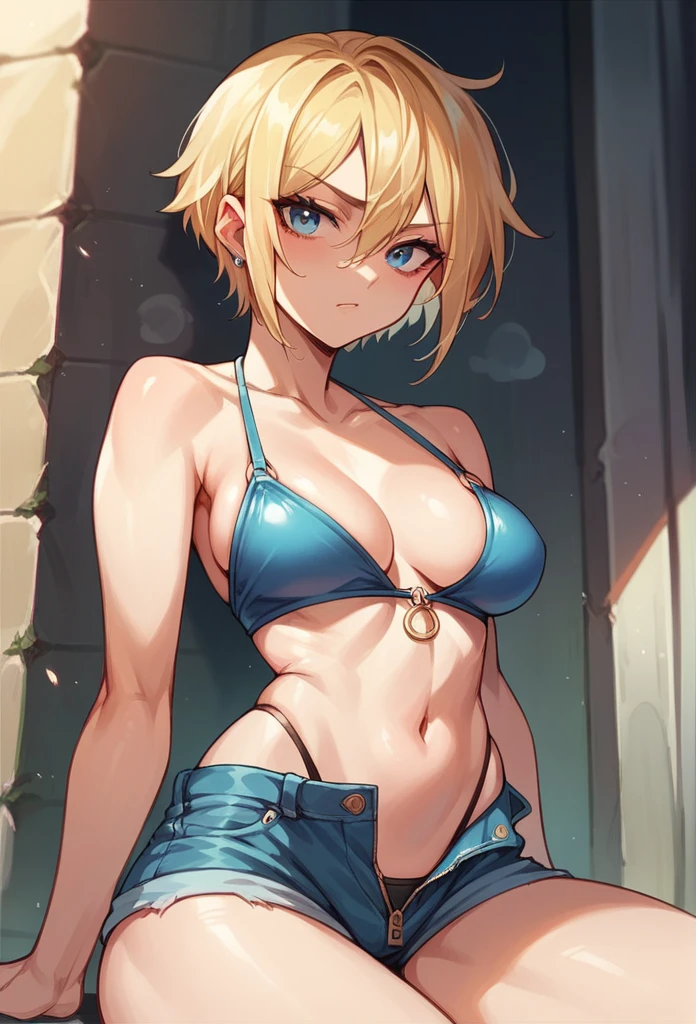 Blonde girl, Short hair, blue eyes, wearing tight denim shorts Open zipper , with a mocking stressed face, full and shiny breasts, wearing a bikini