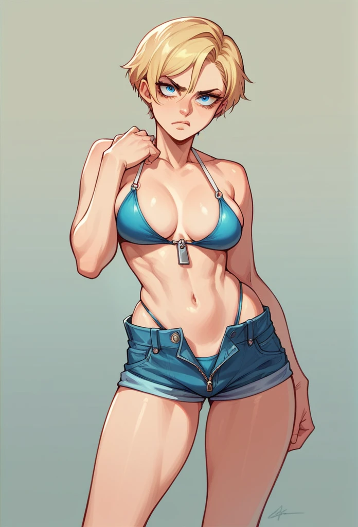 Blonde girl, Short hair, blue eyes, wearing tight denim shorts, with a mocking stressed face, full and shiny breasts, wearing a bikini