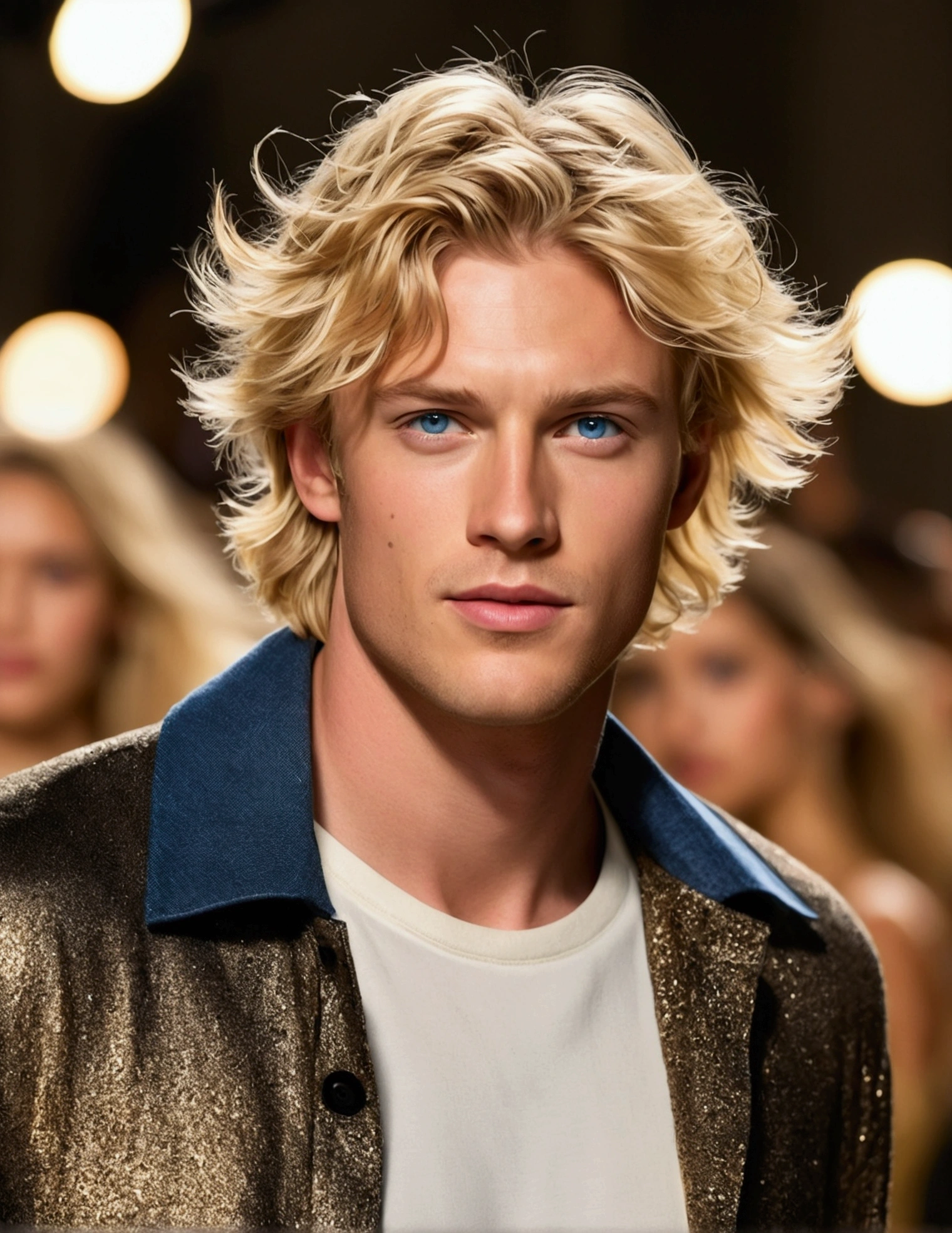 photo of a stunning and handsome Australian man, blue eyes, short light blonde hair, messy and windy, flipping hair, zoomed in closeup in tight crop portrait, walking through a (runway at a fashion show scene models people:1.2) wearing a (designer casual clothing:1.3) (expensive cell phone in your hand:1.3) (Lighting-gold:1.2) background details of foreground objects (masterpiece:1.2) (photorealistic:1.2) (bokeh:1.2) (Best Quality) (Scale of colors) (detailed skin:1.3) (Intricate) (8k) (HdR) (cinematic lighting:1.3) (sharp focus), cabello messy and windy