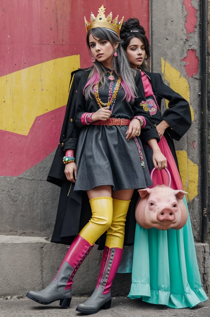 1. **Pig head**: The figure has a pink pig head.
2. **corona**: She wears a yellow crown with colored gems (blue, red, green).
3. **CLOTHES**: Viste un traje red con detalles en blanco y botones amarillos.
4. **Boots**: Wear black boots with gray details.