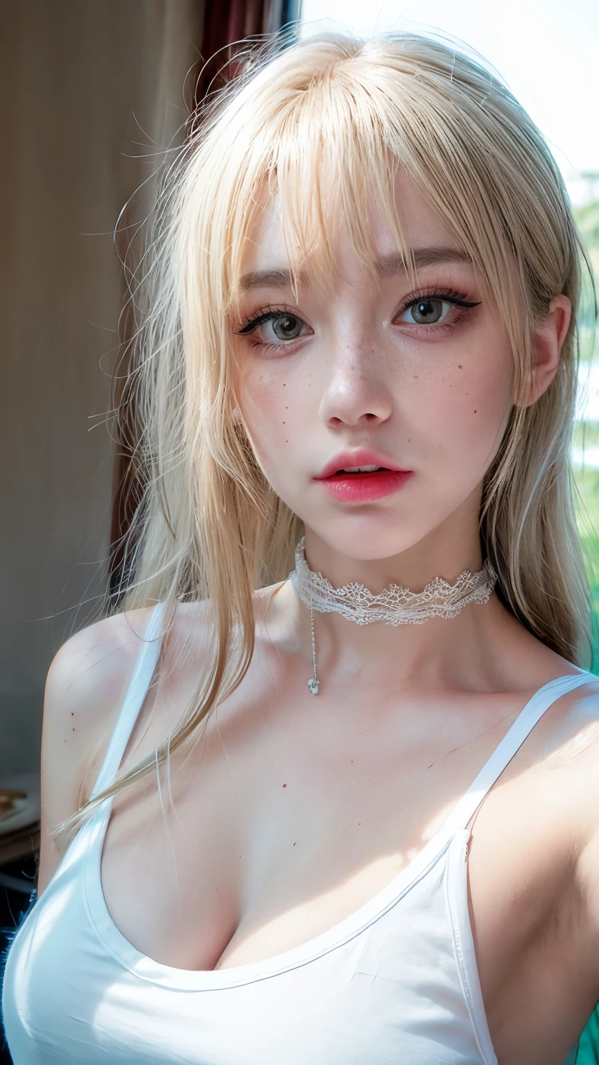 1 girl, Wink, blonde, freckles, Arm tattoo, Plain white t-shirt, choker, Natural light, Selfie
