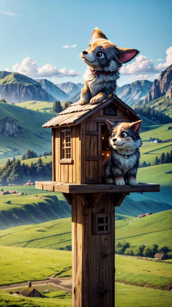 a cute puppy flying high above a beautiful countryside landscape, detailed fur texture, adorable facial features, playful expression, dramatic lighting, cinematic composition, vibrant colors, ethereal atmosphere, (best quality,4k,8k,highres,masterpiece:1.2),ultra-detailed,(realistic,photorealistic,photo-realistic:1.37),landscape,nature,animals,cute,puppy,dog,flying,rural,countryside,serene,dramatic,cinematic,vibrant colors,ethereal