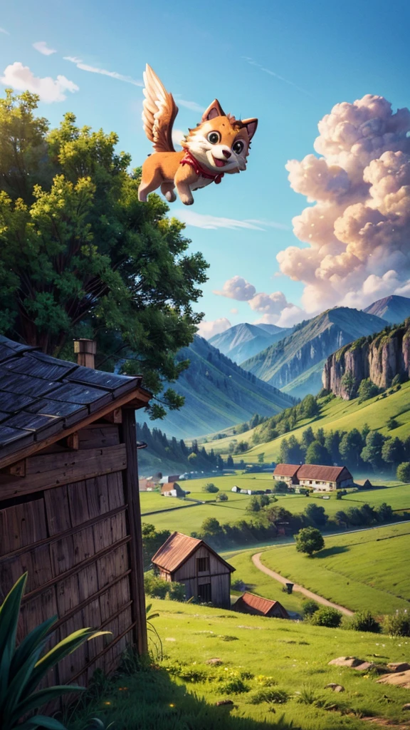 a cute puppy flying high above a beautiful countryside landscape, detailed fur texture, adorable facial features, playful expression, dramatic lighting, cinematic composition, vibrant colors, ethereal atmosphere, (best quality,4k,8k,highres,masterpiece:1.2),ultra-detailed,(realistic,photorealistic,photo-realistic:1.37),landscape,nature,animals,cute,puppy,dog,flying,rural,countryside,serene,dramatic,cinematic,vibrant colors,ethereal