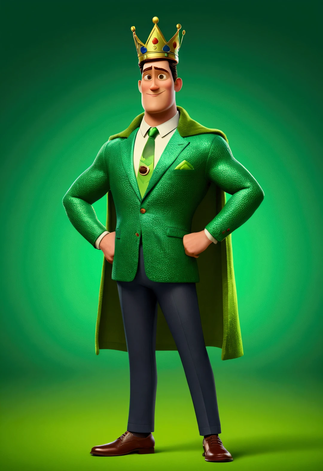 Movie character funny lies, disney pixar style , 3d , a tall strong young man , dressing : a king-style outfit with an avocado green color , with emerald green eyes , avocado green skin , proud face , 8K quality colorful background