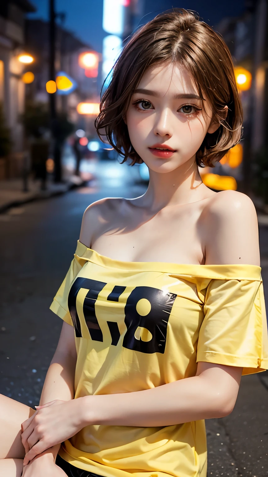 He is colorful, Oversized yellow t-shirt.., Highest quality, masterpiece, Ultra-high resolution, (Realistic:1.4), RAW Photos, One Girl, Off the shoulder, In the Dark, Deep Shadow, Moderate, Night Alley, short hair, roadside, Sitting,  20-year-old,Cute Face, Tight shirt,(head shot:1.5)