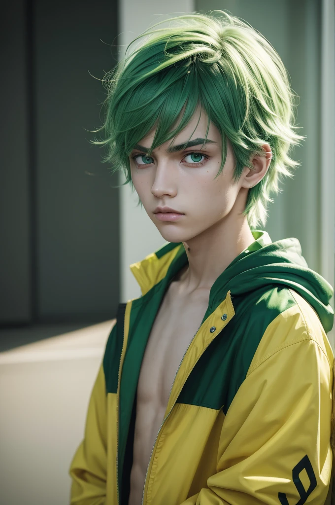 Boy, green hair, with a serious face, looking at the screen, yellow jacket, messy hair, white skin, green eyes