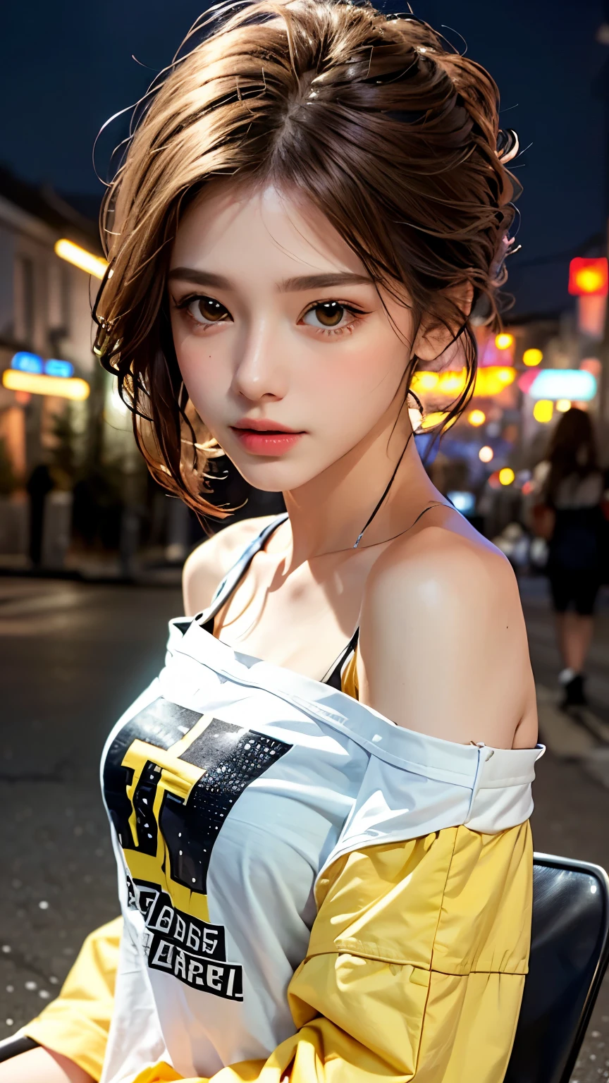 He is colorful, Oversized yellow t-shirt.., Highest quality, masterpiece, Ultra-high resolution, (Realistic:1.4), RAW Photos, One Girl, Off the shoulder, In the Dark, Deep Shadow, Moderate, Night Alley, short hair, roadside, Sitting,  20-year-old,Cute Face, Tight shirt,(head shot:1.5)
