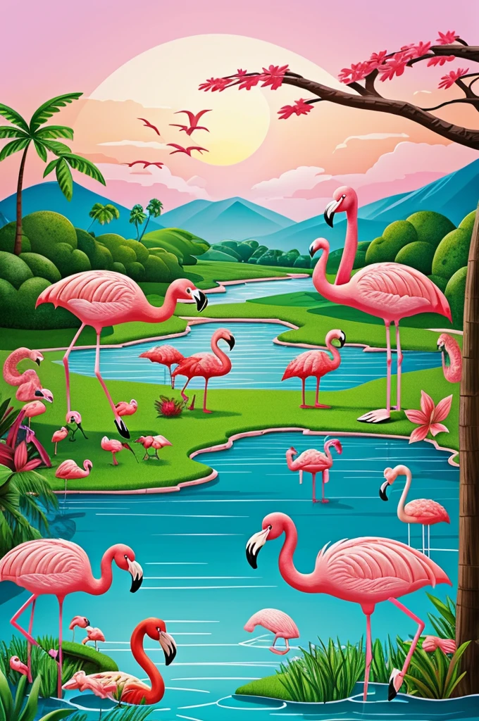 Crocodile and flamingo in an animated landscape