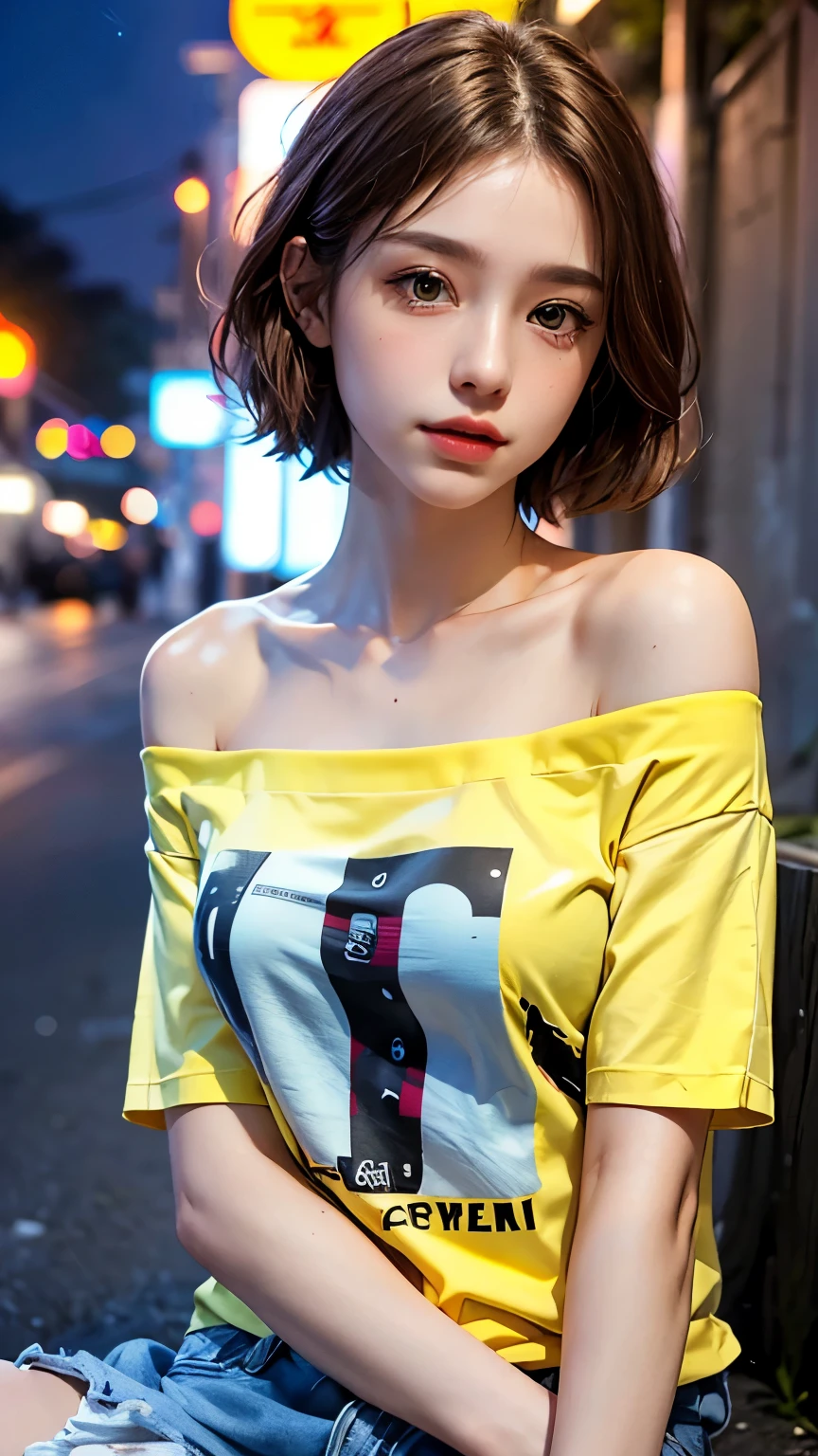 He is colorful, Oversized yellow t-shirt.., Highest quality, masterpiece, Ultra-high resolution, (Realistic:1.4), RAW Photos, One Girl, Off the shoulder, In the Dark, Deep Shadow, Moderate, Night Alley, short hair, roadside, Sitting, 20-year-old,Cute Face, Tight shirt,(head shot:1.5)