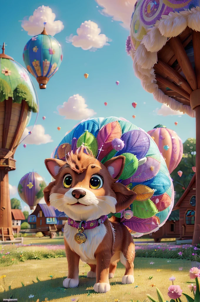 (((best quality))),(((ultra detailed))),(((masterpiece))),illustration,1 flying puppy,whimsical world,pastel colors,fluffy tail,lush fur,sparkling fur,long floppy ears,intricate wing patterns,shimmering sparkles,patchwork quilt wildflowers,colorful hot-air balloons,candy cane cottages,mushroom trees,charming canine,enchanting adventures