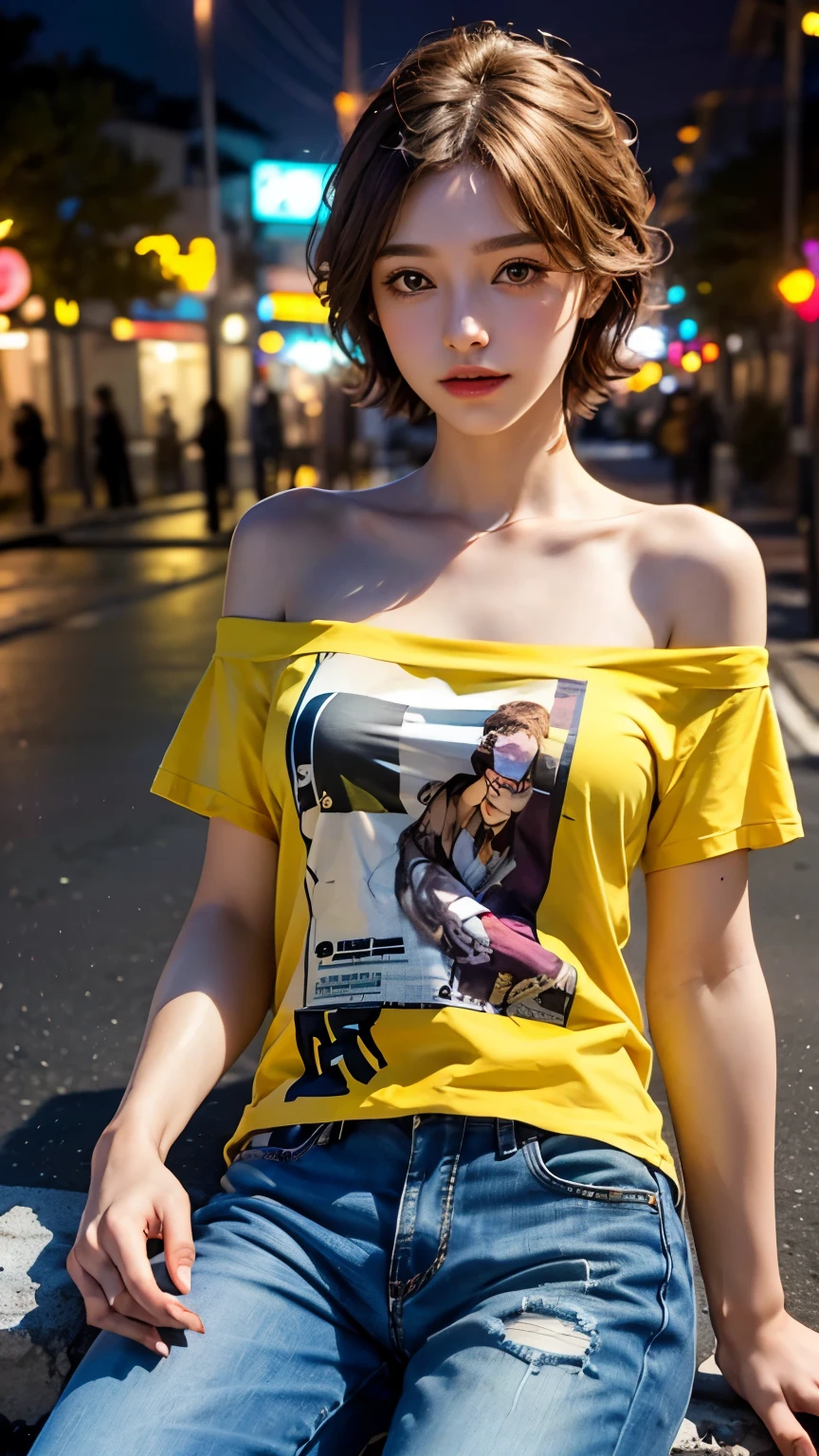 He is colorful, Oversized yellow t-shirt.., Highest quality, masterpiece, Ultra-high resolution, (Realistic:1.4), RAW Photos, One Girl, Off the shoulder, In the Dark, Deep Shadow, Moderate, Night Alley, short hair, roadside, Sitting,  20-year-old,Cute Face, Tight shirt,(head shot:1.5)