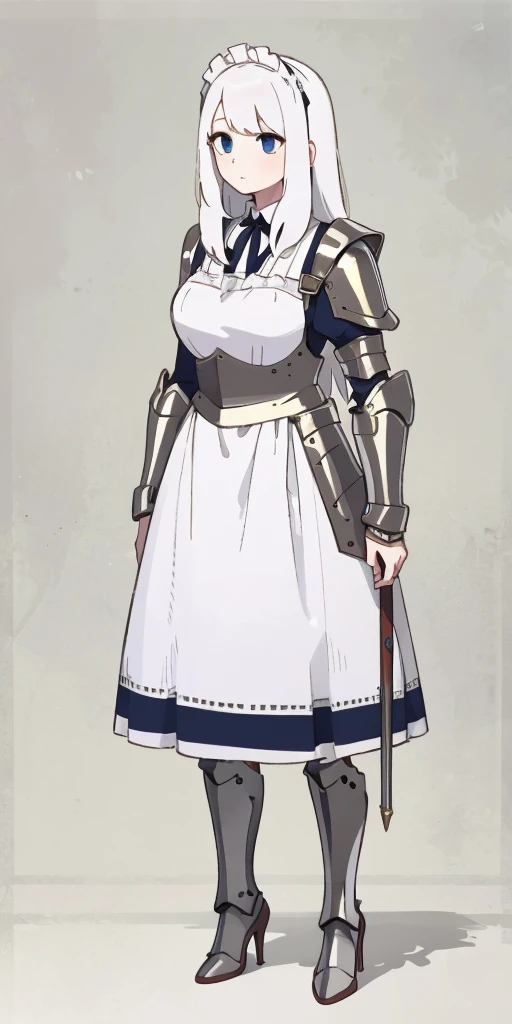 female, standing, right, long_hair, disordered_hair, white_hair, maid in armor, metallic high heels