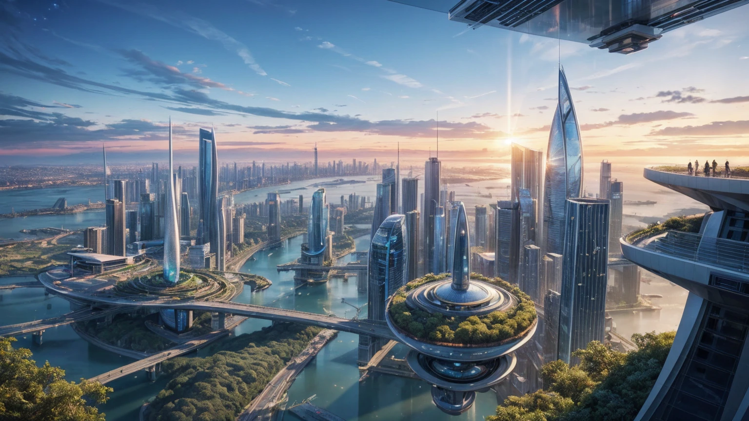 (Best quality,4K,8K,A high resolution,Masterpiece:1.2),Ultra-detailed,(Realistic,Photorealistic,photo-realistic:1.37),Futuristic floating city,Futuristic technology,Huge urban high-tech tablet platform,Airship,Floating in the sky,Futuristic city,Small airships around,High-tech hemispherical platform,Colorful lights,Advanced architecture,modernn architecture,skyscrapper,Access the cloud,Scenic beauty,view over city,Impressive design,Blend seamlessly with nature,energetic and vibrant atmosphere,Futuristic transportation system,Parking is suspended,Transparent path,Lush greenery,Sky gardens,cascading waterfalls,Magnificent skyline,reflections on the water,Sparkling river,Architectural innovation,futuristic skyscrapers,Transparent dome,The shape of the building is unusual,Elevated walkway,Impressive skyline,Glowing lights,Futuristic technology,Minimalist design,Scenic spots,Panoramic view,Cloud Piercing Tower,Vibrant colors,epic sunrise,epic sunset,Dazzling light display,magical ambiance,The future city,Urban Utopia,LuxuryLifestyle,Innovative energy,sustainable development,Smart city technology,Advanced infrastructure,Tranquil atmosphere,Nature and technology live in harmony,Awesome cityscape,Unprecedented urban planning,Architecture connects seamlessly with nature,High-tech metropolis,A cutting-edge engineering marvel,The future of urban living,Visionary architectural concept,Energy-efficient buildings,Harmony with the environment,A city floating above the clouds,Utopian dreams become reality,The possibilities are endless,State-of-the-art transportation network,Green energy integration,Innovative materials,Impressive holographic display,Advanced communication system,Breathtaking aerial view,Quiet and peaceful environment,Modernist aesthetics,Ethereal beauty