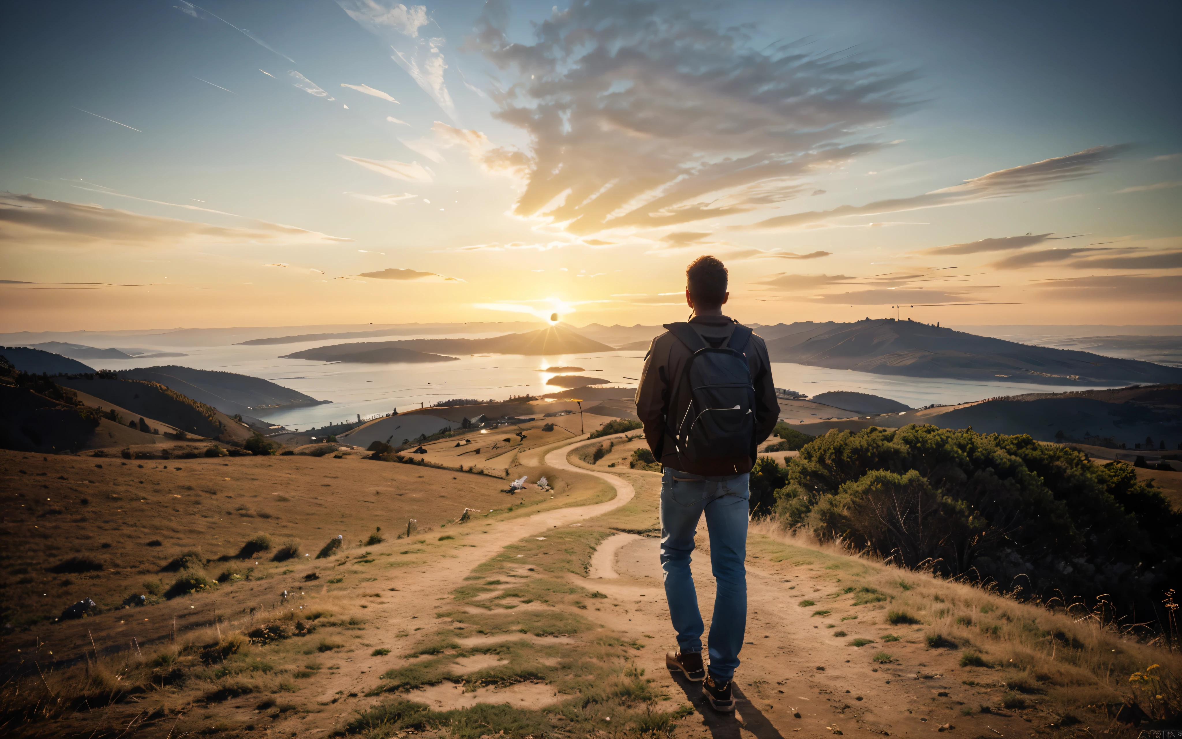 photorealistic landscape, natural landscape, naturey, Beleza Da naturey, Golden Sunset, Sky, Sky Power, Detailed Realistic Sunset, Cedars, Cedar, God's City, Heavens Realm, mountainscape, rivers of water, Sunset realism, Árvores naturey, Alone Men, man on his back, Man's Back, panorama, Alpha Male, Path to Heaven, heavenly, Detailed Realistic Image 8K, 16K Photorealistic Contrast, 8K Photorealistic Sharpness, 4K Photorealistic Cores, 16K Photorealistic Shadows, 8K Photorealistic Textures, 16K Photorealistic Texture, 4K Photorealistic Light, 4K PhotoRealism, FullHD 4K Detailed Contrast, detailed sharpness FullHD 8K, detailed sharpness FullHD 4K, detailed sharpness, 2K Detailed Colors, lifelike colors, FullHD Detailed Shadows, 4K Detailed Textures, detailed texture, Natural Beauty, Elegante, 