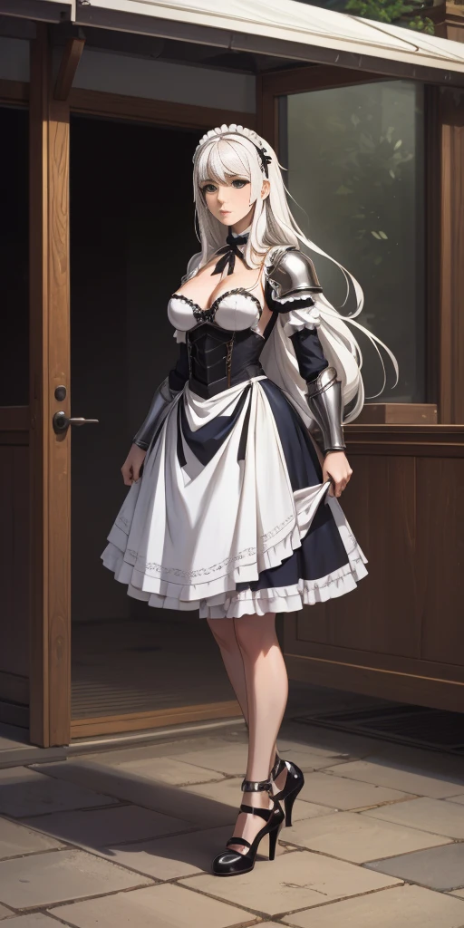 female, standing, right, long_hair, disordered_hair, white_hair, maid in armor, metallic high heels