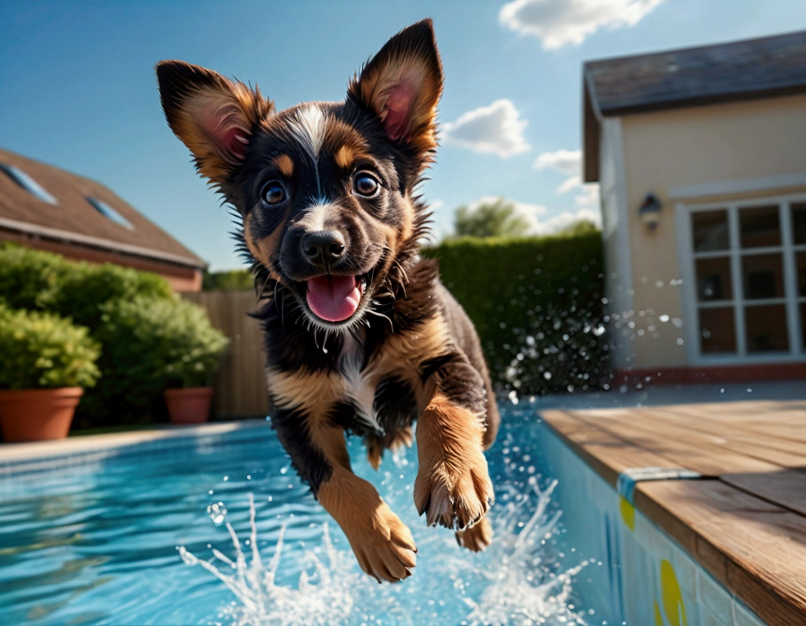 a puppy jumping off a high dive at a swimming pool, mid-air, high above the water, scared and excited expression, splashing water, sunny day, beautiful detailed eyes, cute and fluffy puppy, (best quality,4k,8k,highres,masterpiece:1.2),ultra-detailed,(realistic,photorealistic,photo-realistic:1.37),HDR,UHD,studio lighting,ultra-fine painting,sharp focus,physically-based rendering,extreme detail description,professional,vivid colors,bokeh,cute animal portrait
