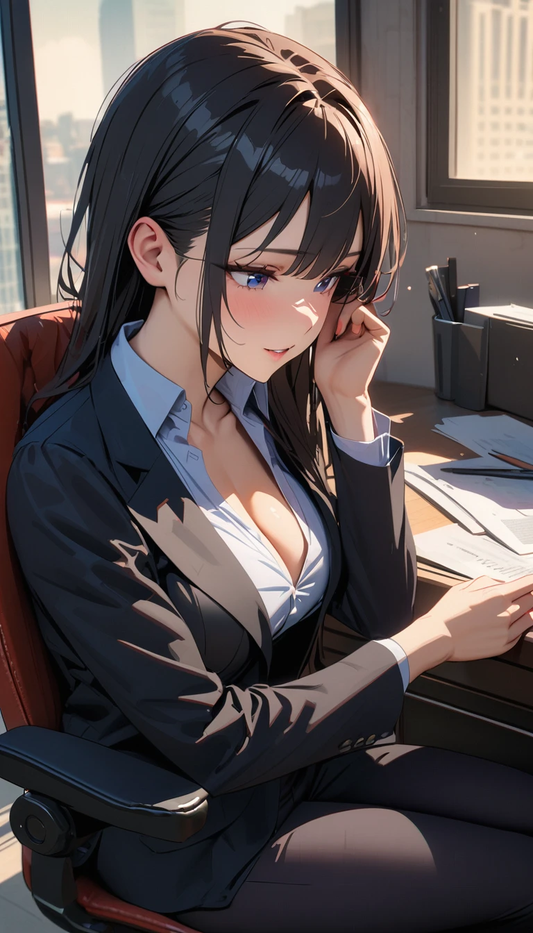 modern, Verism, masterpiece, textured skin, super detail, best quality, 4K , A beautiful woman, ((Adult face)), (((Ultra-slender))), Clothing of office workers,Sitting in a chair,look down,Mature Woman
