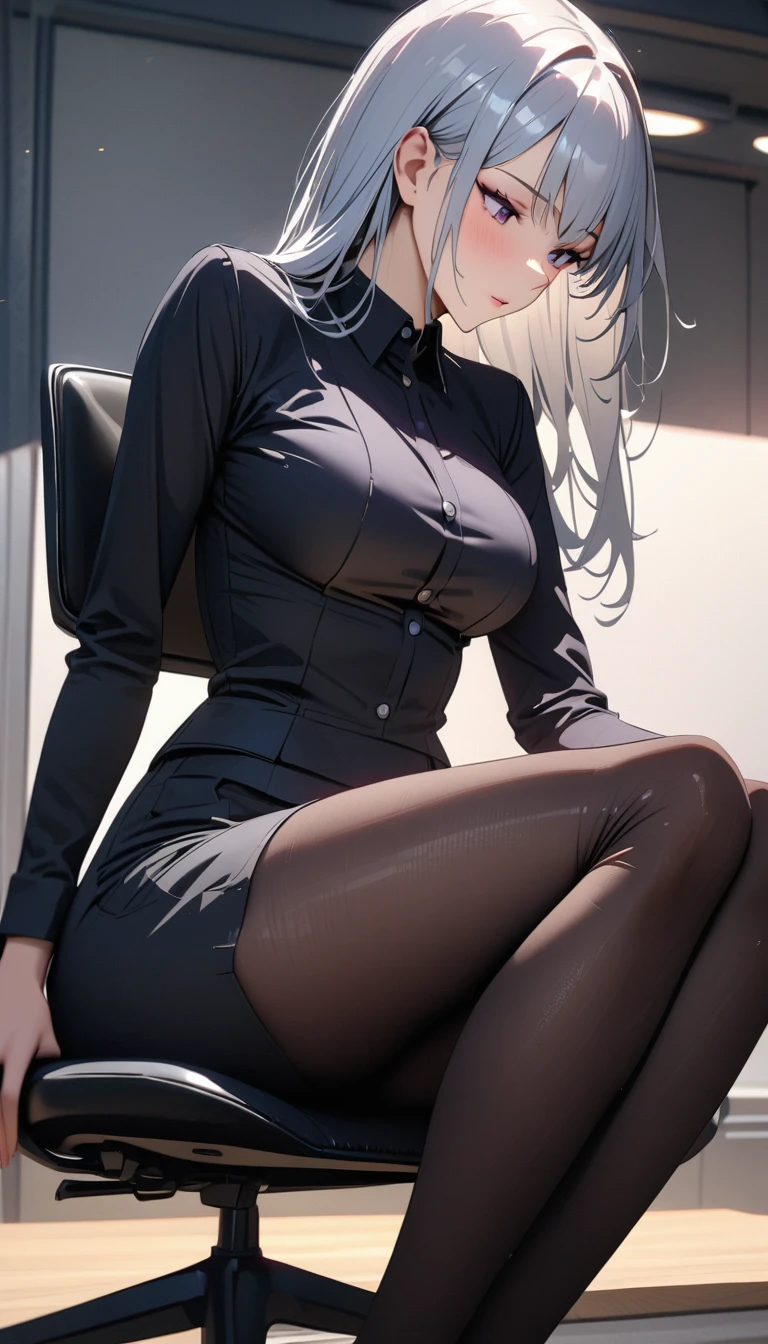 modern, Verism, masterpiece, textured skin, super detail, best quality, 4K , A beautiful woman, ((Adult face)), (((Ultra-slender))), Clothing of office workers,Sitting in a chair,look down,Mature Woman