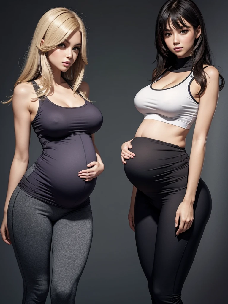 Two pregnant skinny girls in tight clothes