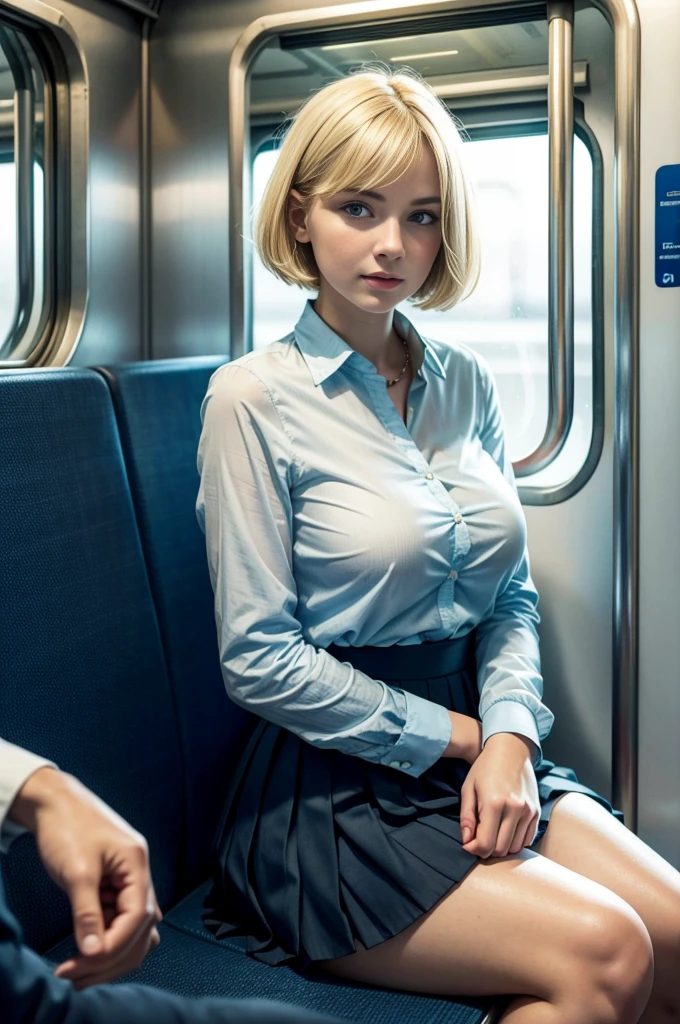 Train crowded several men Holding her from behind and talking in her ear, outros homens pegando-a em seu colo, pegando-a, white mini skirt swinging upwards, 40k, fotografia, obra-prima, melhor qualidade, fundo cinza escuro, (1girl olhos azuis e cabelos ruivos logo cacheados, rosto de Margot Robbie), big ass full breasts until waiting wearing, bons peitinhos, (nus) (mini skirt swinging sexy round: 1.3), (camisa branca mergulhando: 1.3), homem idoso encostado nas costas pegando-a, poses variadas.