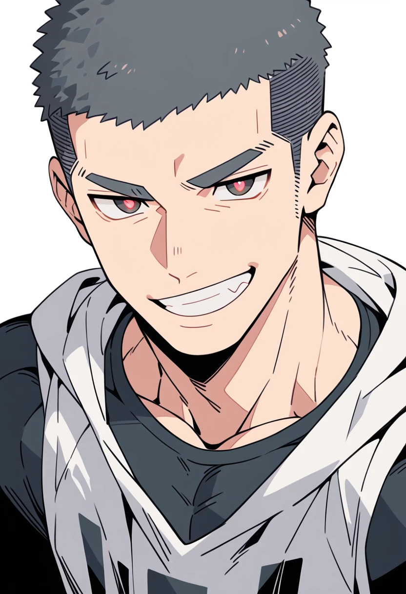 anime characters:Priapus, Muscle Sports Student, Buzz Cut, Manliness, male focus, Sports tight hooded sweatshirt, Wear a high-necked tights underneath, Very tight, full and perky chest muscles, muscular male, muscular, only, Upper body, alone, Red short hair, Thick eyebrows, stubble, Brown-red pupils, White background, simple background, amazing quality, best aesthetics, Ridiculous, crew cut, smirk, bright pupils, grin, negative space, negative space, best quality