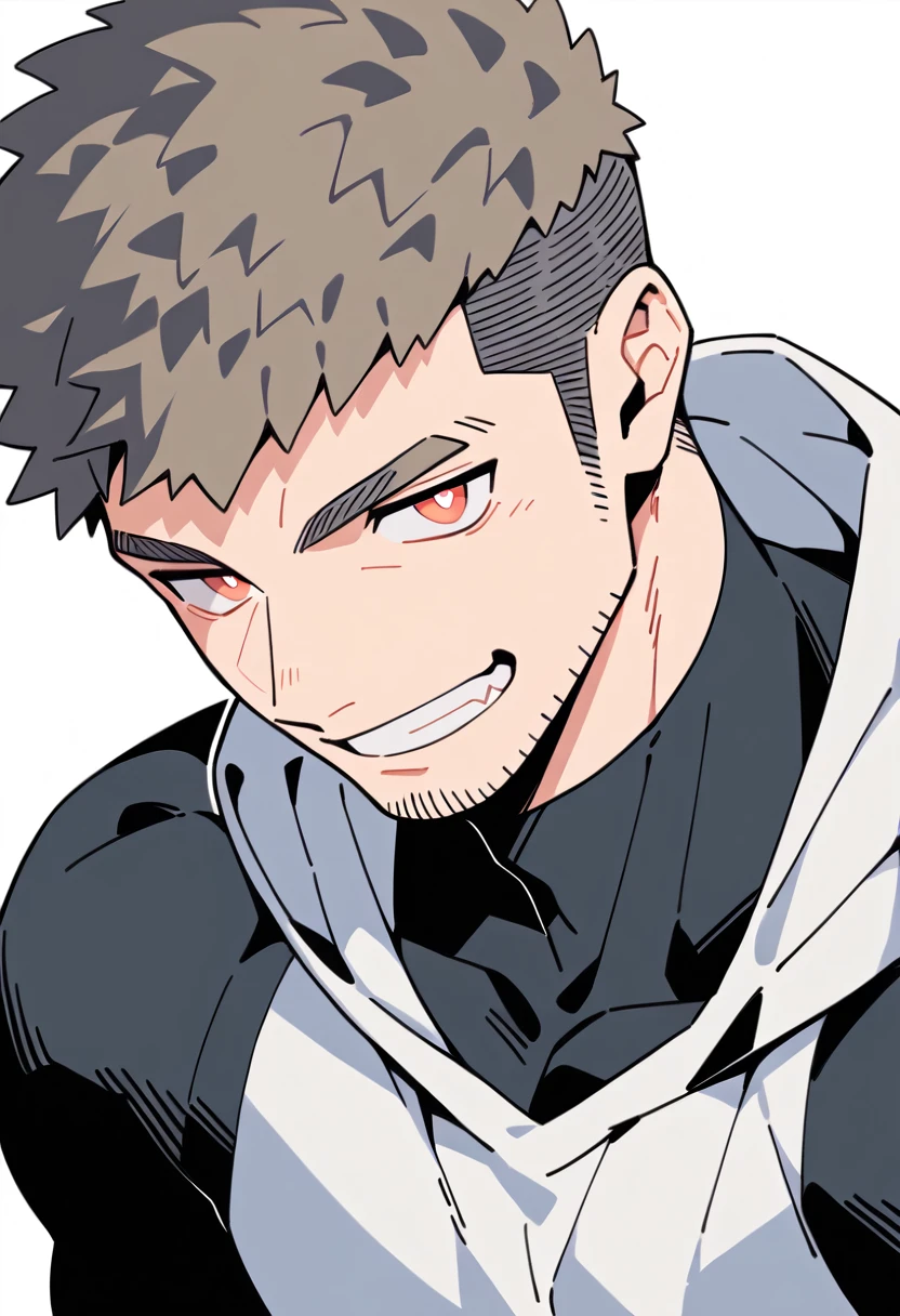 anime characters：Priapus, Muscle Sports Student, Buzz Cut, Manliness, male focus, Sports tight hooded sweatshirt, Wear a high-necked tights underneath, Very tight, full and perky chest muscles, muscular male, muscular, only, Upper body, alone, Red short hair, Thick eyebrows, stubble, Brown-red pupils, White background, simple background, amazing quality, best aesthetics, Ridiculous, crew cut, smirk, bright pupils, grin, negative space, negative space, best quality