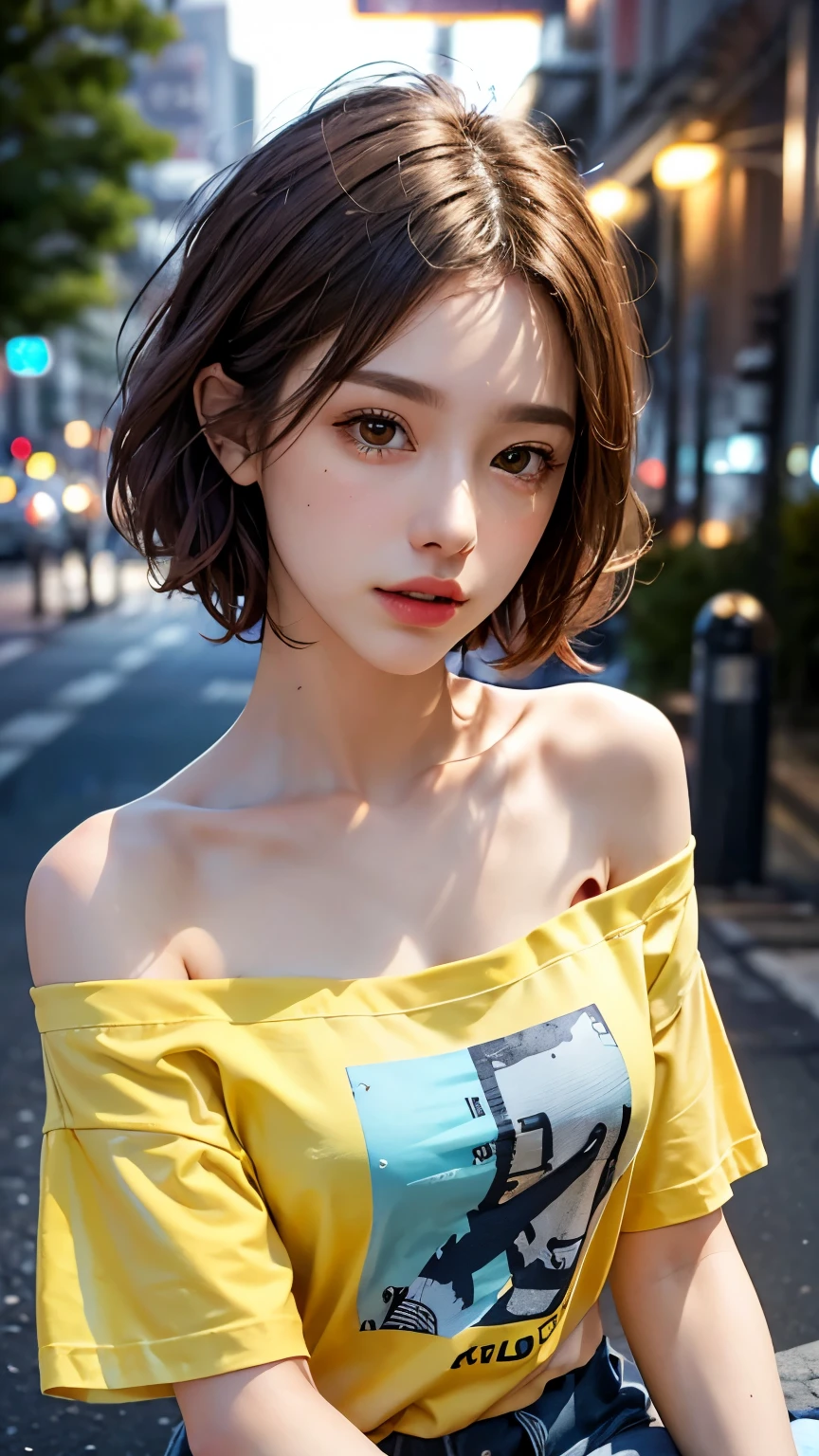 He is colorful, Oversized yellow t-shirt.., Highest quality, masterpiece, Ultra-high resolution, (Realistic:1.4), RAW Photos, One Girl, Off the shoulder, In the Dark, Deep Shadow, Moderate, Night Alley, short hair, roadside, Sitting, 20-year-old,Cute Face, Tight shirt,(head shot:1.5)