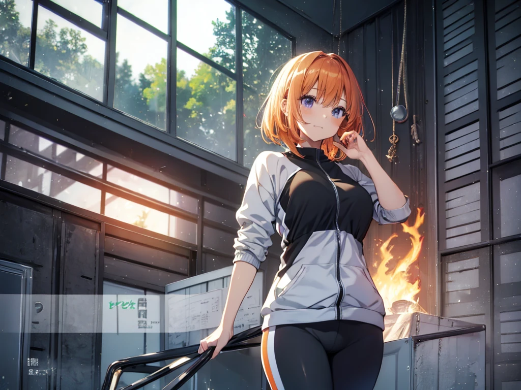 Woman doing muscle training, Elf Ears, Training Gym, Highest quality, Best image quality,Perfect Anatomy,masterpiece,Ultra-detailed,beautiful,super high quality, Highest quality,High resolution, Very detailed,Game CG,Dutch Angle ,beautiful細部までこだわった目,Visual Arts,Five Fingers, Perfect hands,Hide your hands, {{{One Girl}}}, beautiful詳細な女の子, Game CG, One curl on the outside, Short Bob Hair, Pastel orange hair, Purple eyes, breast enhancement, Medium Shoot, woman, Take-out, Laughter, huge , Pastel green training wear, sportswear, {{{{{Wearing a pastel green cap}}}}},Open your mouth, wonderful, beautiful細部までこだわった目, Highest quality, Very delicate,Masseter muscle area,Highest quality,(Official Art、Highest quality、Unity 8k wallpaper、32K、masterpiece、Ultra-detailed、超High resolution、Realistic、Photorealistic:1.2)、(Cinema Lighting:1.2)、Fire Glow Effect、The most grainy shadows on the film、Side light、Side Shot、(Ultra-detailedで複雑な3Dレンダリング)、Atelier Series,training