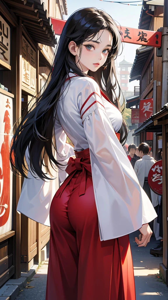 (perfect anatomy:1.2)(absurdres, highres, ultra detailed),masterpiece,best quality,high resolution,8k,Realistic face,Realistic skin texture,magnified textures, stunning clarity,detailed anime girl,(ultra detailed eyes and face),15 years old,black long hair,pale skin,Japanese shrine maiden, mysterious eyes,shrine maiden clothes,(white kimono),(The red long hakama),thin body type,big breasts,(small ass),(expressionless:1.1),Steampunk in the Edo Period、(Vivid hieroglyph signs and street advertisements:1.2)、silence、autumn、hieroglyph,souk、Ancient Egyptian statues、Shopping Street,,look at viewer,(from behind:1.6),Delicate atmosphere、,cowboy shot,arms down、Looking at the viewer