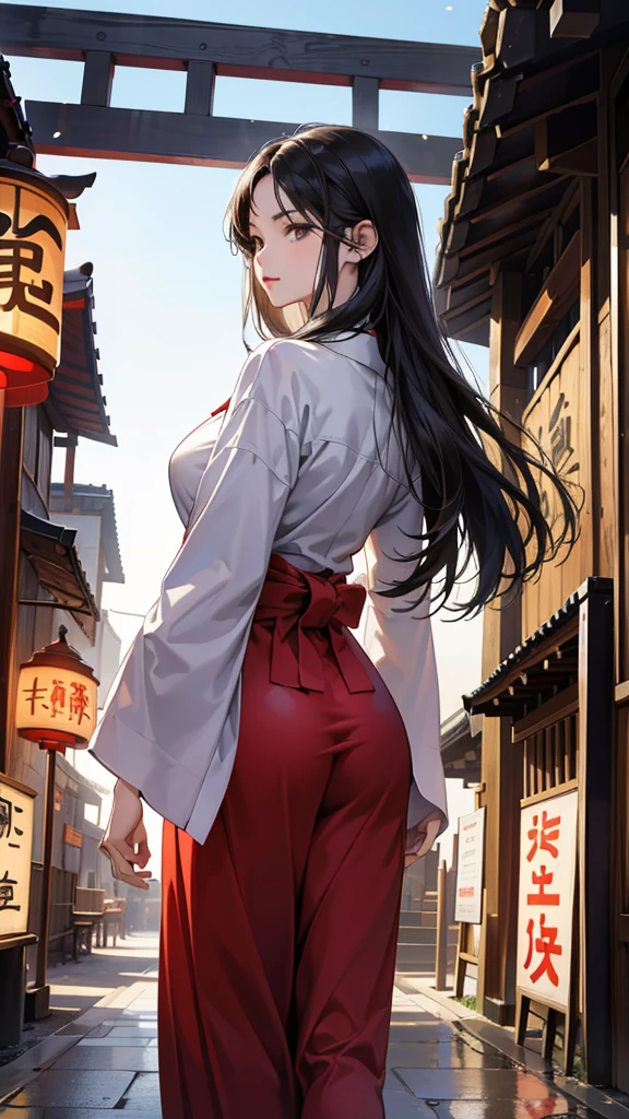 (perfect anatomy:1.2)(absurdres, highres, ultra detailed),masterpiece,best quality,high resolution,8k,Realistic face,Realistic skin texture,magnified textures, stunning clarity,detailed anime girl,(ultra detailed eyes and face),,black long hair,pale skin,Japanese shrine maiden, mysterious eyes,shrine maiden clothes,(white kimono),(The red long hakama),thin body type,big breasts,(small ass),(expressionless:1.1),Steampunk in the Edo Period、(Vivid hieroglyph signs and street advertisements:1.2)、silence、autumn、hieroglyph,souk、Ancient Egyptian statues、Shopping Street,,look at viewer,(from behind:1.6),Delicate atmosphere、,cowboy shot,arms down、Looking at the viewer