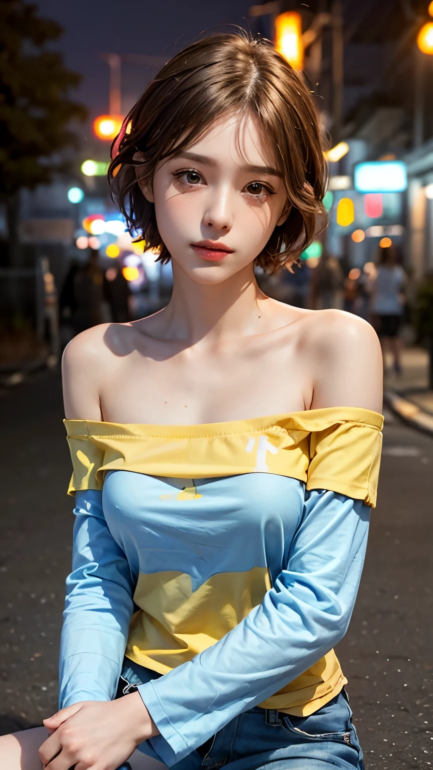 He is colorful, Oversized yellow t-shirt.., Highest quality, masterpiece, Ultra-high resolution, (Realistic:1.4), RAW Photos, One Girl, Off the shoulder, In the Dark, Deep Shadow, Moderate, Night Alley, short hair, roadside, Sitting, 20-year-old,Cute Face, Tight shirt,(head shot:1.5)