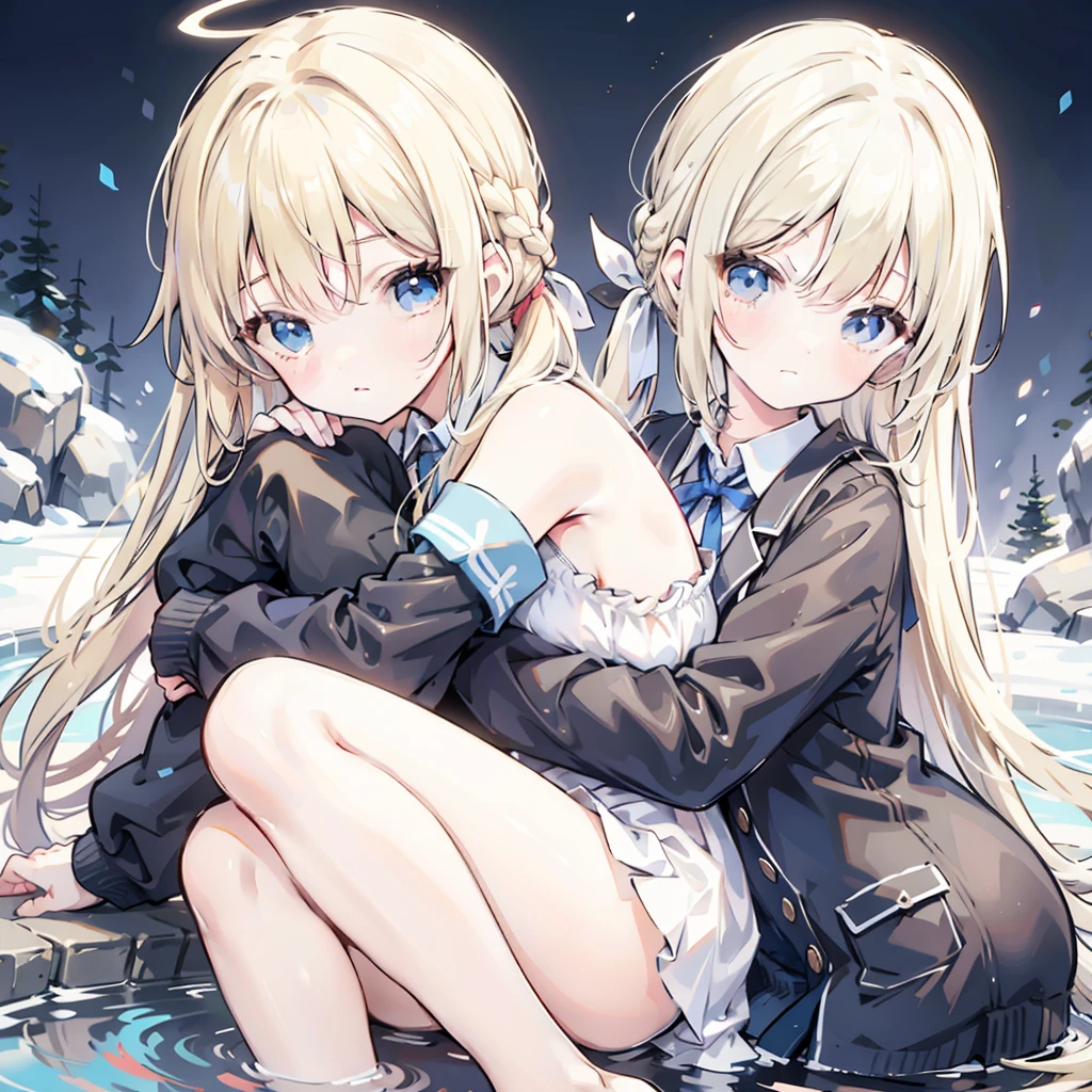 1gril, (Solitary:1.3), ditch, hot spring, outdoor, suit, Hug your legs, certainly(Blue Files), Medium breasts,  Blonde Hair, braid, Ponytail, Headband, 