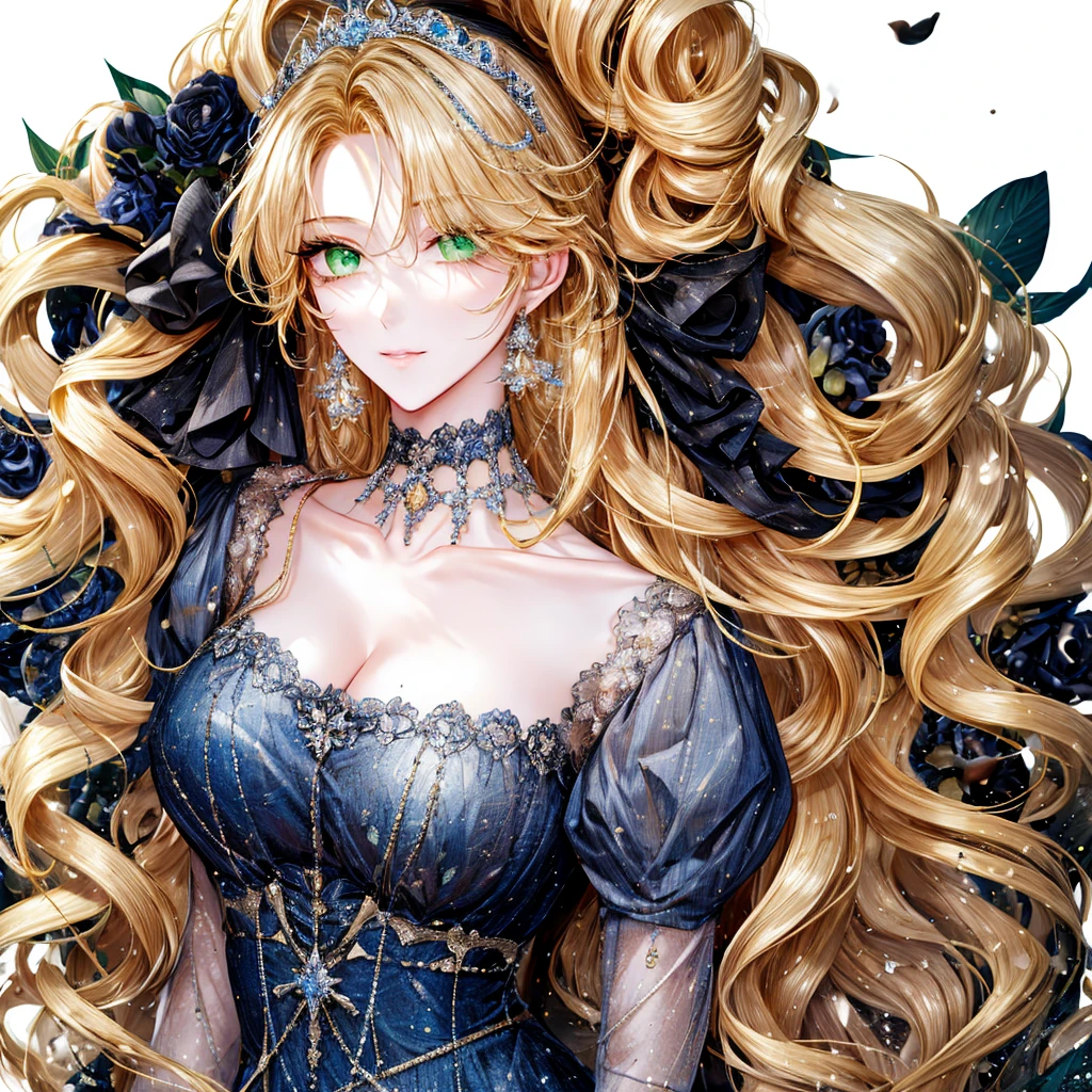 shoujo-style, (floral background, Romance Manhwa), 1girl, blonde hair, solo, long hair, flower, dress, tiara, white dress, gloves, long sleeves, choker, green eyes, mascara, makeup, white gloves, black bow, black flower, wavy hair, bow, Good, jewelry, looking at viewer, white background, collarbone, puffy sleeves, silver accessories, upper body, parted bangs, very long hair, blue dress, frills, bangs, closed mouth, detailed eyes, sparkle full body photo