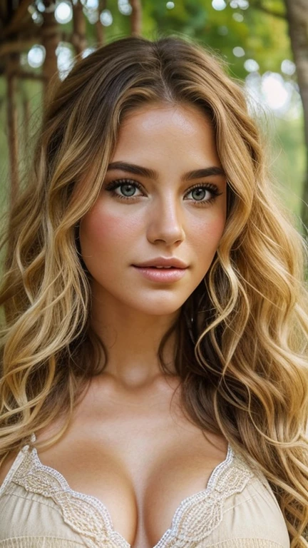 fot ,shg face detailed skin texture Realistic woman, (looking at the camera)beautiful big lips, breasts big, curly hair, blond , , Broad Hips, perfect whole body,vote for realistic outdoor boho style fashion accessories for natural hair,,,,,,bra