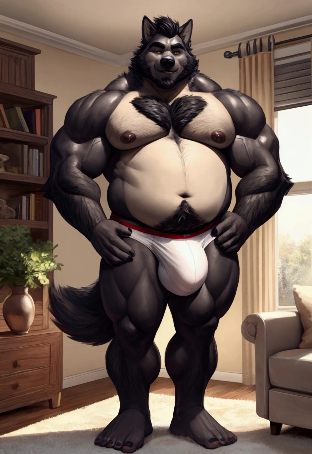 -age Mawolf, tall, giant body, handsome, dad bod, beefy, strong arms and legs, wide shoulders, a bit chubby muscle gut, a bit of fat but still very muscular, black fur, extremely hair, (a lot of body hair), short hair, short beard, wearing a simple white underwear, (oversized huge bulge), barefoot, living room