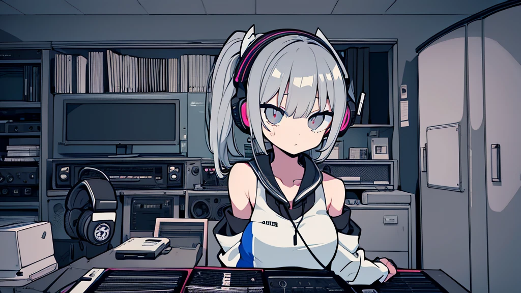 Best quality, (masterpiece), best detail face,1 girl, natural breasts, 18 yo, 8k,absurdres,unity 8k wall paper,(extremely detailed:1.3), highest realistic, (retro headphones:), (soft neon light:), (psychedelic), Her room full of music equipment and records, sports wear , See the whole room , dark grey color pallet, silver hair, pony tail hair