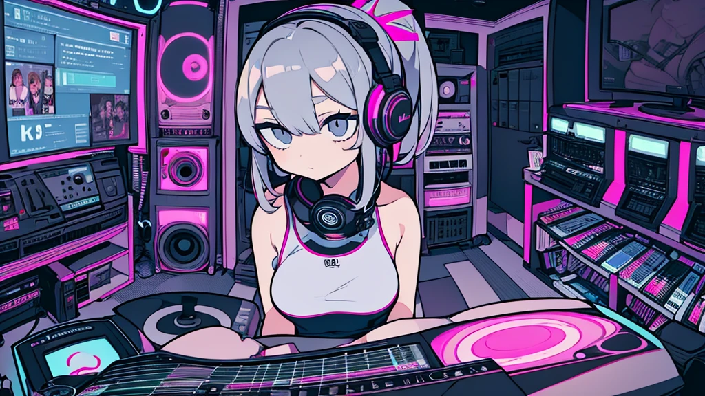 Best quality, (masterpiece), best detail face,1 girl, natural breasts, 18 yo, 8k,absurdres,unity 8k wall paper,(extremely detailed:1.3), highest realistic, (retro headphones:), (soft neon light:), (psychedelic), Her room full of music equipment and records, sports wear , See the whole room , dark grey color pallet, silver hair, pony tail hair