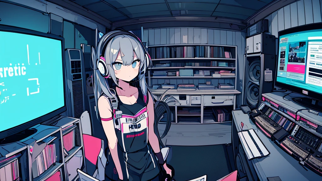 Best quality, (masterpiece), best detail face,1 girl, natural breasts, 18 yo, 8k,absurdres,unity 8k wall paper,(extremely detailed:1.3), highest realistic, (retro headphones:), (soft neon light:), (psychedelic), Her room full of music equipment and records, sports wear , See the whole room , dark grey color pallet, silver hair, pony tail hair