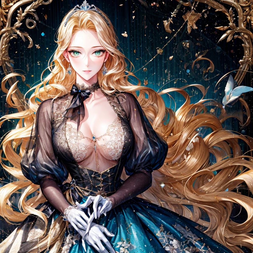 shoujo-style, (floral background, Romance Manhwa), 1girl, blonde hair, solo, long hair, flower, dress, tiara, white dress, gloves, long sleeves, choker, green eyes, mascara, makeup, white gloves, black bow, black flower, wavy hair, bow, Good, jewelry, looking at viewer, white background, collarbone, puffy sleeves, silver accessories, upper body, parted bangs, very long hair, blue dress, frills, bangs, closed mouth, detailed eyes, sparkle full body photo