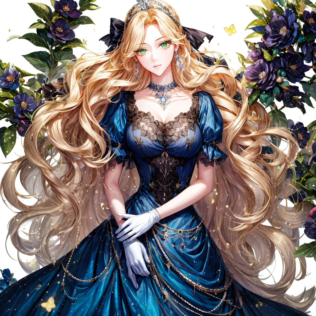 shoujo-style, (floral background, Romance Manhwa), 1girl, blonde hair, solo, long hair, flower, dress, tiara, white dress, gloves, long sleeves, choker, green eyes, mascara, makeup, white gloves, black bow, black flower, wavy hair, bow, Good, jewelry, looking at viewer, white background, collarbone, puffy sleeves, silver accessories, upper body, parted bangs, very long hair, blue dress, frills, bangs, closed mouth, detailed eyes, sparkle full body photo