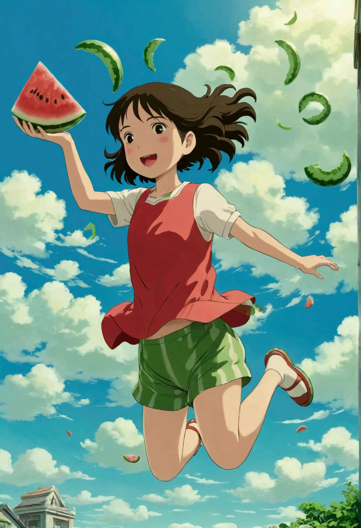 Ghibli summer 空jump holding watermelon jump girl