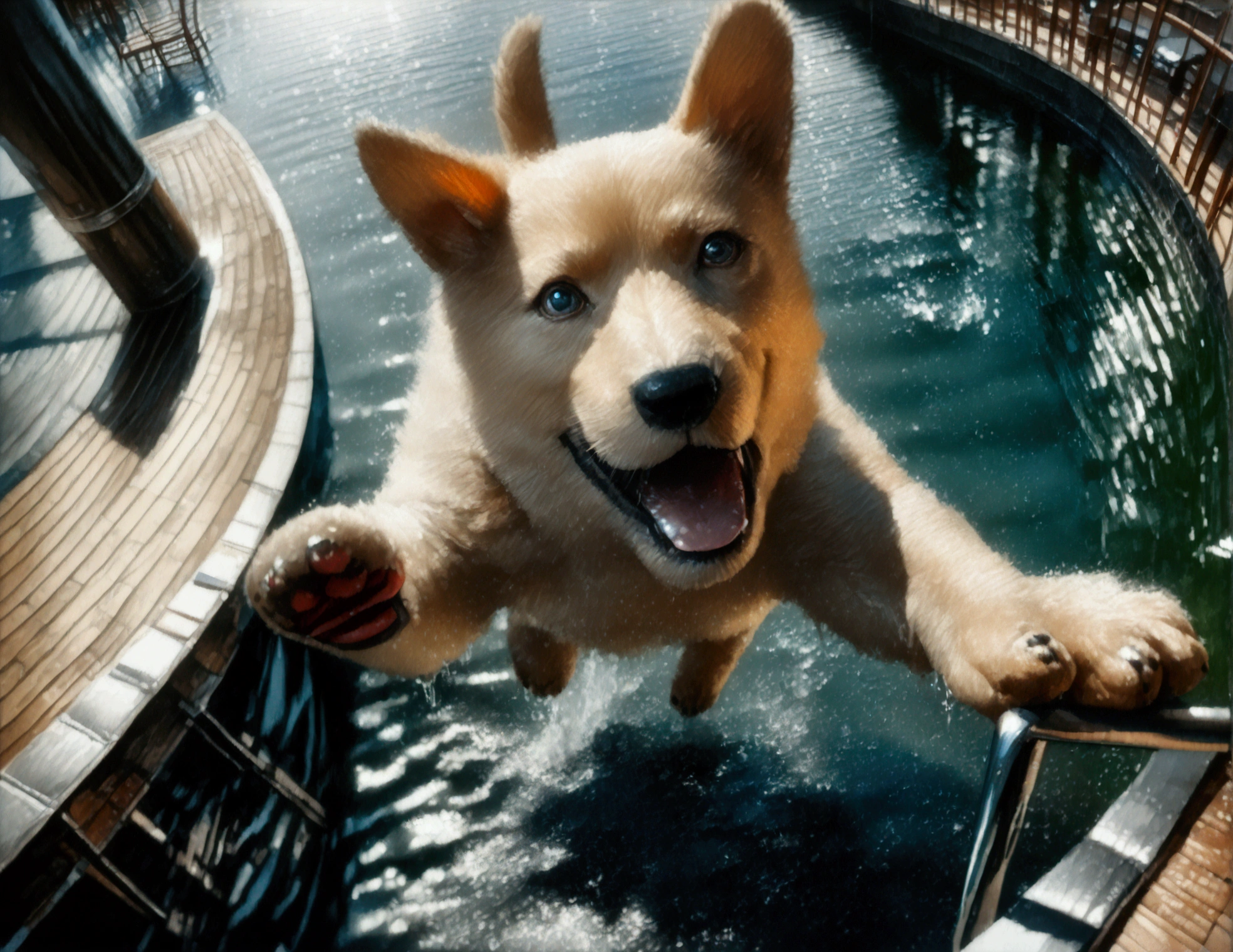 a puppy jumping off a high dive at a swimming pool, mid-air, high above the water, scared and excited expression, splashing water, sunny day, beautiful detailed eyes, cute and fluffy puppy, (best quality,4k,8k,highres,masterpiece:1.2),ultra-detailed,(realistic,photorealistic,photo-realistic:1.37),HDR,UHD,studio lighting,ultra-fine painting,sharp focus,physically-based rendering,extreme detail description,professional,vivid colors,bokeh,cute animal portrait
