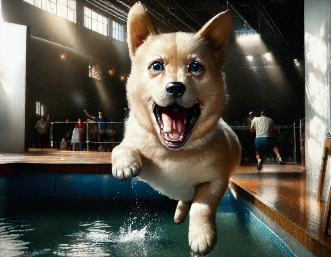 a puppy jumping off a high dive at a swimming pool, mid-air, high above the water, scared and excited expression, splashing water, sunny day, beautiful detailed eyes, cute and fluffy puppy, (best quality,4k,8k,highres,masterpiece:1.2),ultra-detailed,(realistic,photorealistic,photo-realistic:1.37),HDR,UHD,studio lighting,ultra-fine painting,sharp focus,physically-based rendering,extreme detail description,professional,vivid colors,bokeh,cute animal portrait
