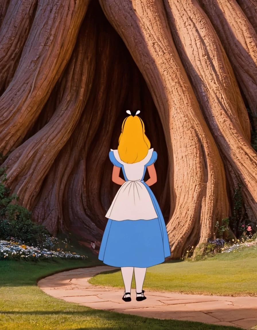 wxaliwonlan,1 girl, alone, long hair, blue eyes, blonde hair, dress, standing in front of a giant woman, Alice (Alice in Wonderland), Disney cartoon, masterpiece, best quality, (intricate details ), highly detailed eyes, unique pose, dynamic pose, 35mm, anamorphic, lightroom, cinematography, film grain, HDR10, 8k hdr, Steve McCurry, ((cinematic)), RAW, portra 400 film with color grading, color remarkable, ray tracing, subsurface scattering, hyperrealistic, extreme skin details, skin pores, deep shadows, contrast.