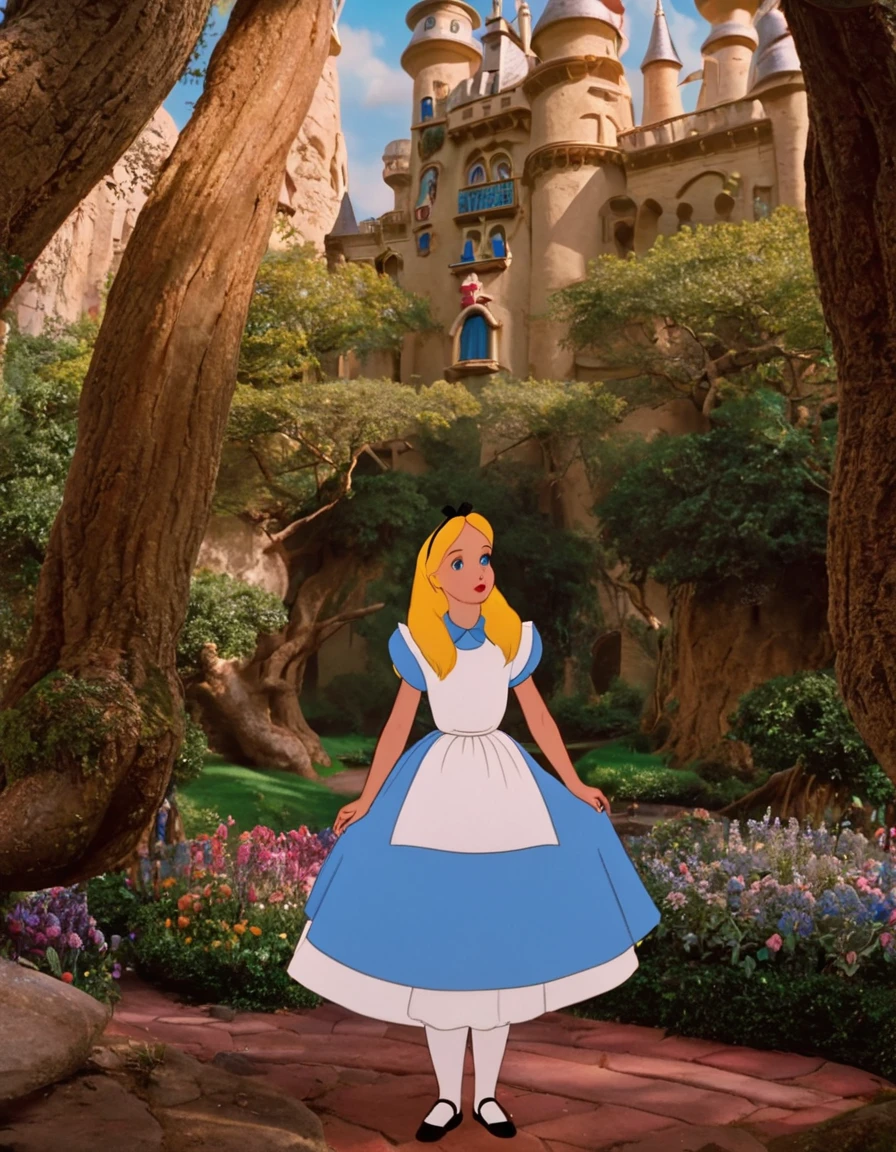 wxaliwonlan,1 girl, alone, long hair, blue eyes, blonde hair, dress, standing in front of a giant woman, Alice (Alice in Wonderland), Disney cartoon, masterpiece, best quality, (intricate details ), highly detailed eyes, unique pose, dynamic pose, 35mm, anamorphic, lightroom, cinematography, film grain, HDR10, 8k hdr, Steve McCurry, ((cinematic)), RAW, portra 400 film with color grading, color remarkable, ray tracing, subsurface scattering, hyperrealistic, extreme skin details, skin pores, deep shadows, contrast.