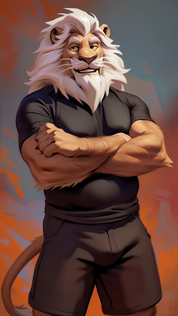 by chunie by catsudon by retros, male,ridiculuous,((mature,mature male)),((Bearded,mustache)), felid, solo, ((Lion,tail)),(white hair), facial hair, facing viewer, ((Highly detailed face)), (((Grandpa Figure))), ((smilling)), red and orange abstract background, ((black shirt)),((short pants)), smile, ((((wise)))),((DILF)),