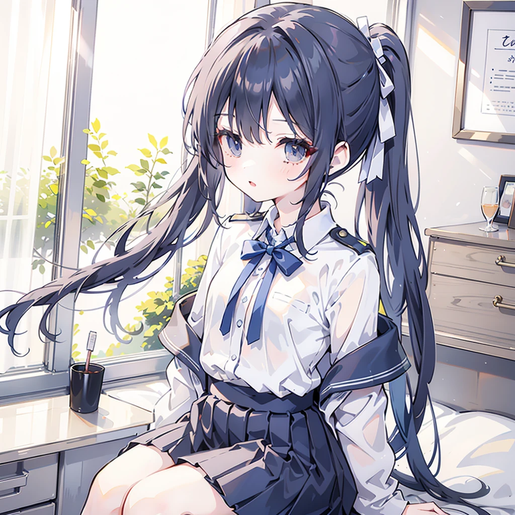 1 Girl, Solitary, Laura S.。. arseid (Dark blue long hair, Ponytail and Side Bangs, Small chest), (Inspired by《Shining Trails》) Showing off her school uniform, in military school, Awkward